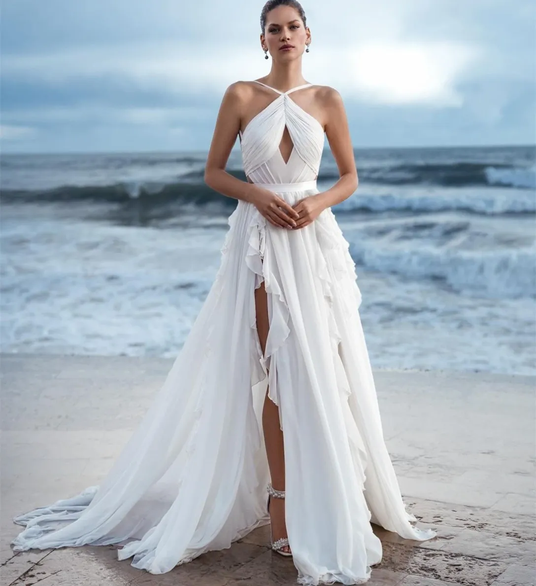 Save Big on Bulk Chiffon Halter Wedding Dresses Elegant Chiffon Beach  Wedding Dresses: Halter A Line Gown With Ruffles, Slit Pleated Sweep  Train,