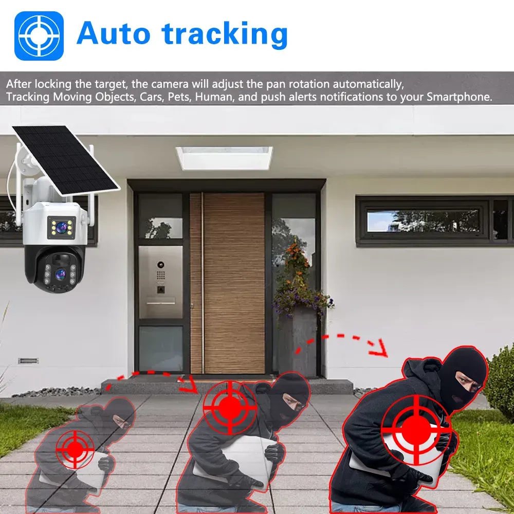 Caméra De Sécurité Solaire Extérieure 8MP Double Objectif - WiFi 2.4G étanche IP66 - Neuf