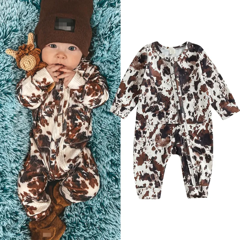 Save Big on Bulk Focus Clothes Baby Jumpsuit, Cow Print Long Sleeve Zipper  Romper With Pocket, 18 Months, Autumn 2024, Western Style For Girls
