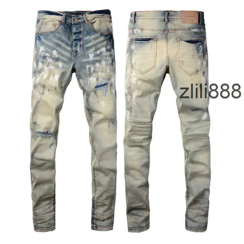 High Street Fashion Mens Yellow Blue Vintage Split Painted Jeans Designer Hip Hop Brand Tight Pants hombre_voghion.com