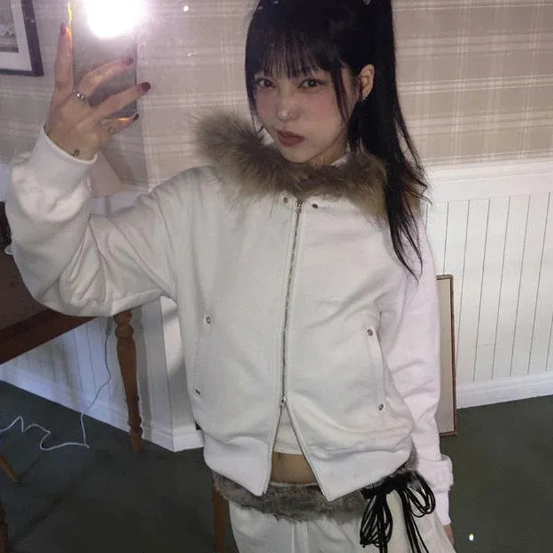 Vintage Fairy Fur Patchwork Sweatshirt: Double-Zip Y2K
