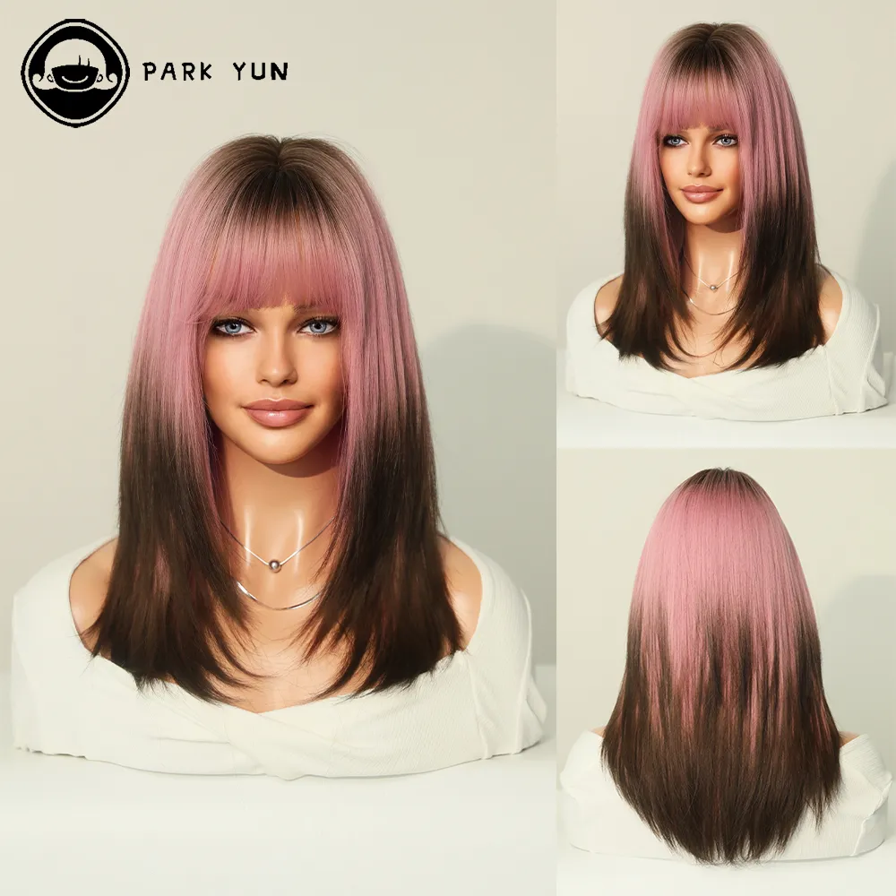 2024 Pink Ombre Bob Wig with Bangs Synthetic Short Straight Wigs