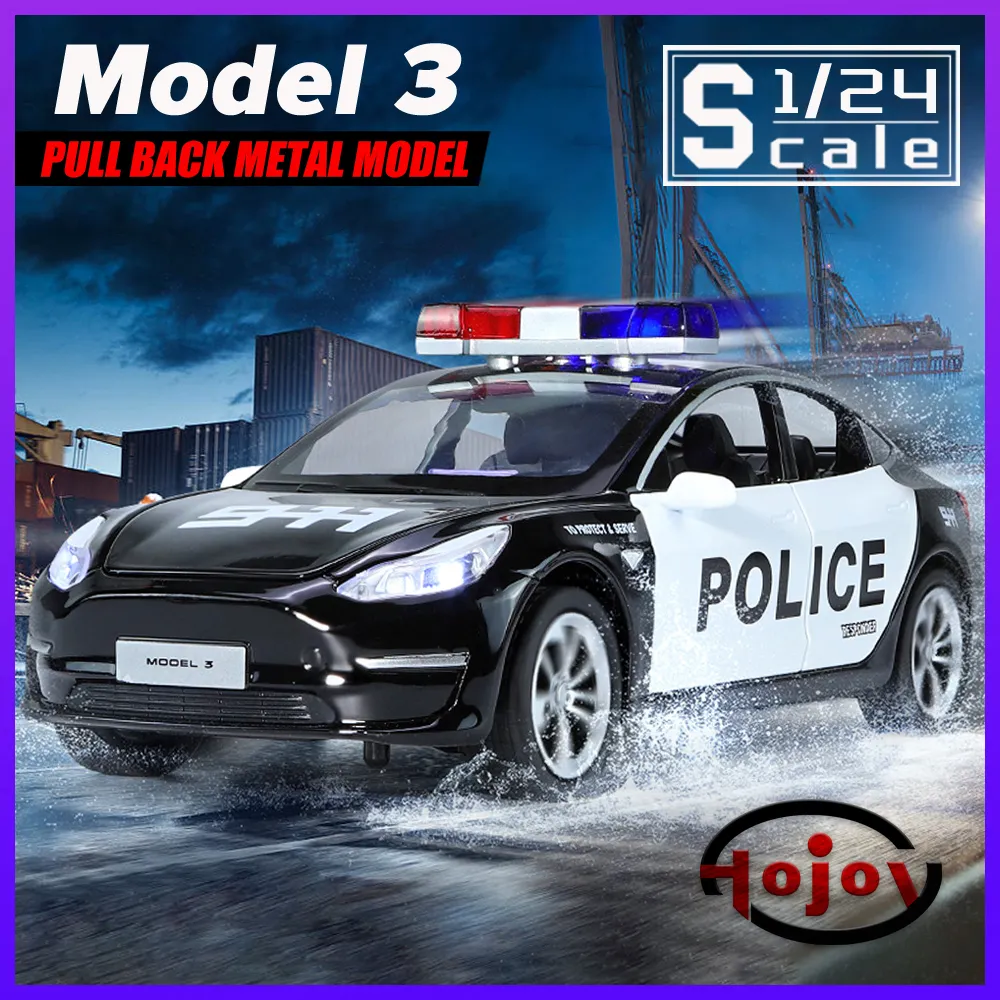 Modèle Réduit Tesla Model Y Police 1/24 - Voiture De Collection Métal Avec Son Et Lumière, Portes Ouvrables