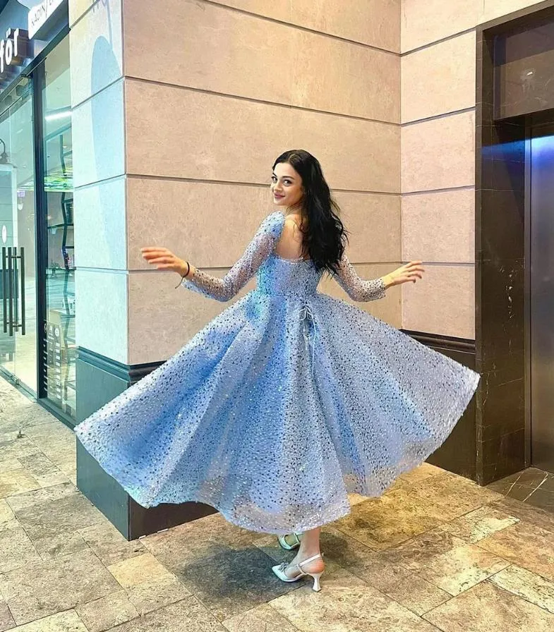 knee length dresses for ladies Ever-Pretty Shimmering Long Sleeve V-Neck Chiffon Twist Knot A-Line Evening Dress