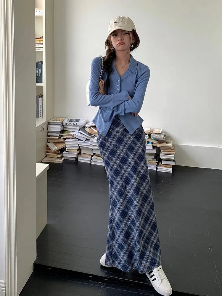 Blue plaid high waisted skirt 2025