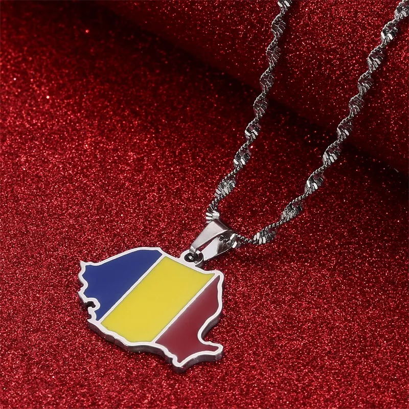 Collar Con Colgante De Mapa Y Bandera De Rumania | Acero Inoxidable Brillante | Cadena De 50 Cm | Para Mujeres Y Hombres