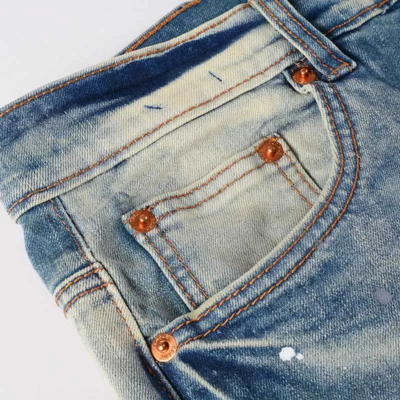 High Street Fashion Mens Yellow Blue Vintage Split Painted Jeans Designer Hip Hop Brand Tight Pants hombre_voghion.com