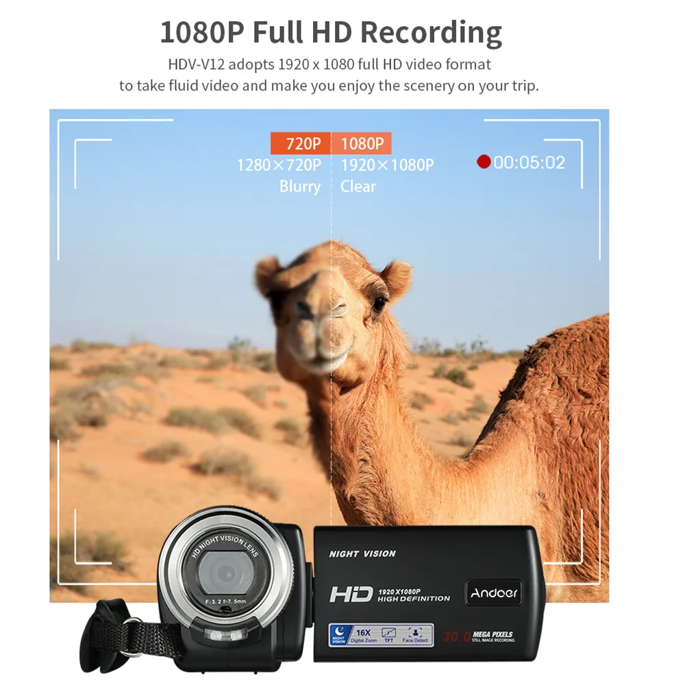Andoer V12: 1080P HD Video Camera, Rotatable LCD, 16X Digital