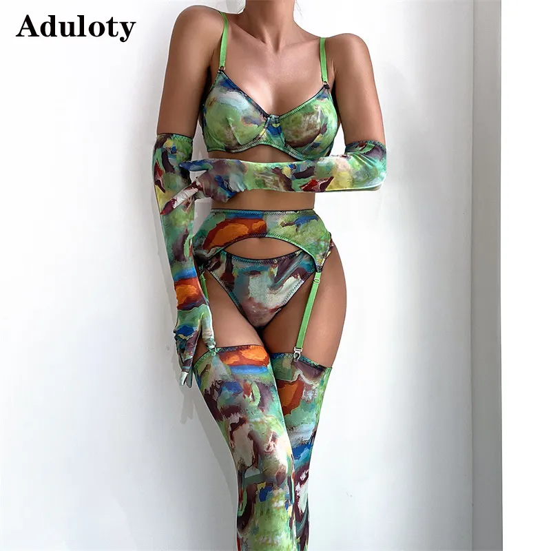 Women Erotic Lingerie 5-piece Set with Gloves Stockings Mesh Printed  Underwire Thin Mesh Perspective Underwear from Dhgate Sexy Skirt - price  55.74