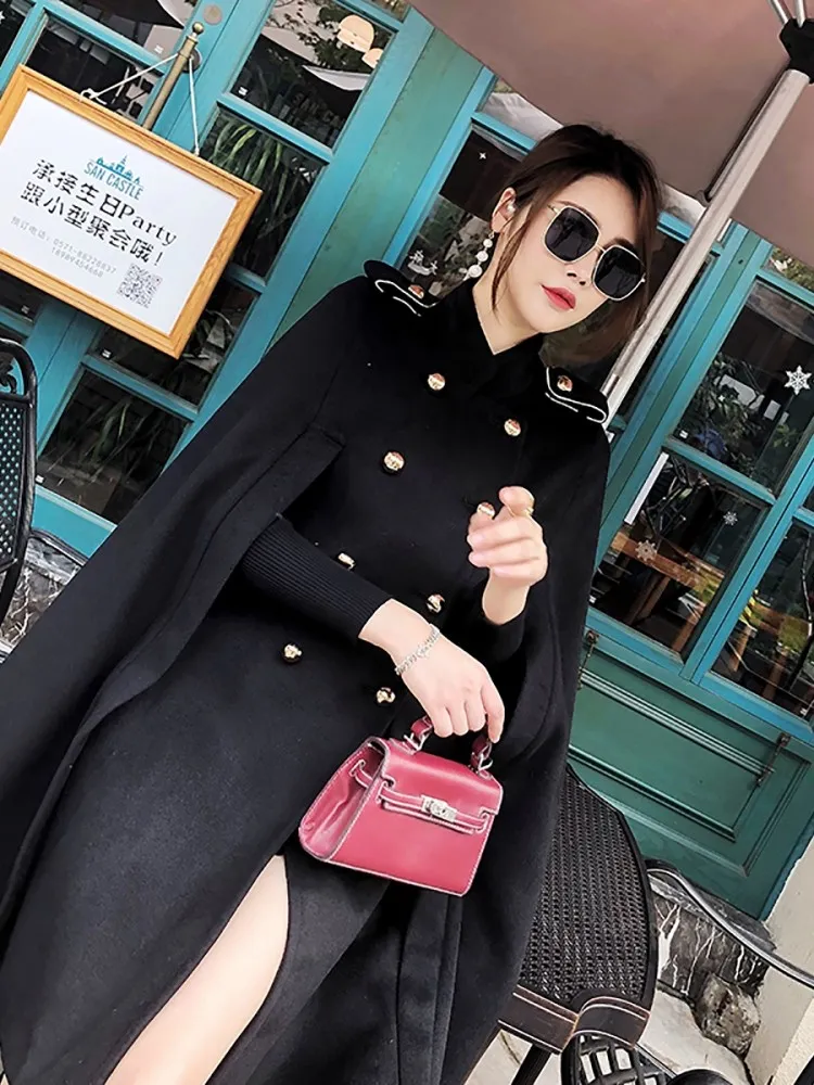 Double-Breasted Winter Wool Blend Cloak for Women: Elegant