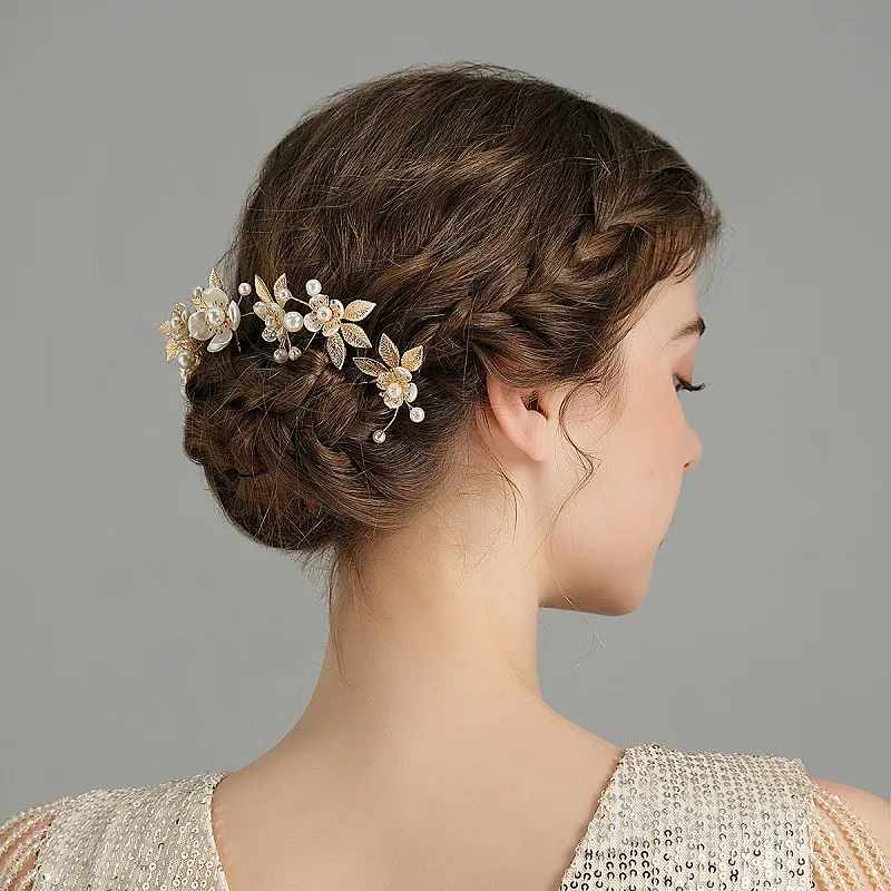 Pearl Flower Hairpin Side Comb Sets Leaf Shaped Tiaras  display picture 3