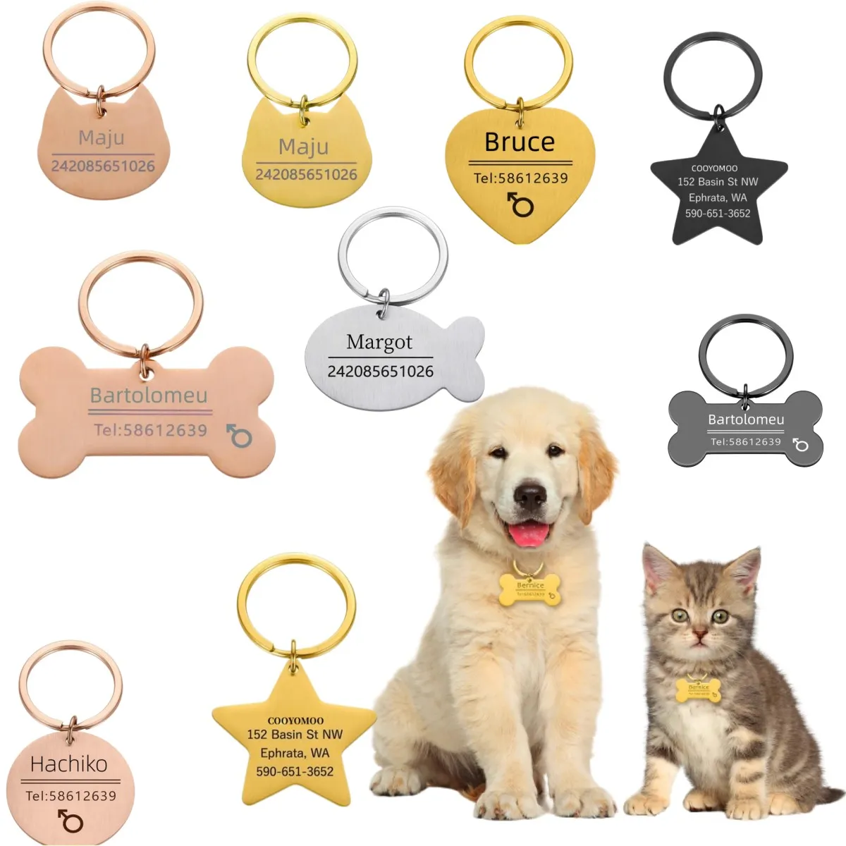 Personalized Bone-Shaped Pet ID Tag - Laser Engraved With Ring For Dog Or Cat Collar