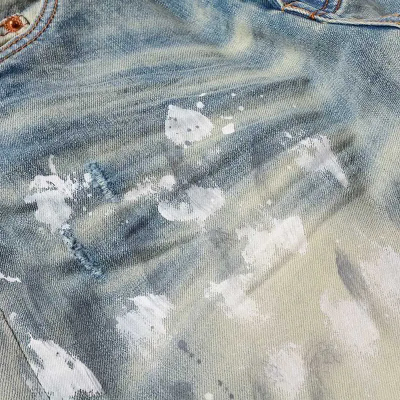 High Street Fashion Mens Yellow Blue Vintage Split Painted Jeans Designer Hip Hop Brand Tight Pants hombre_voghion.com