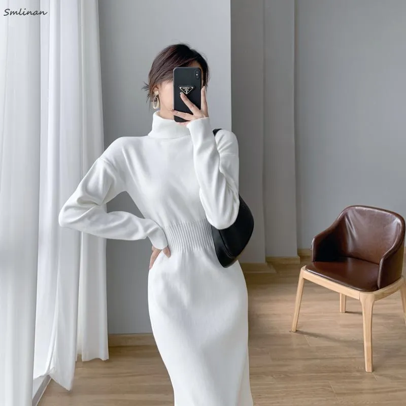 Women's White Knitted Turtleneck Sweater Dress Knee-Length Long Sleeve  Elastic Waist from Dhgate Women's Leggings - price 40.67