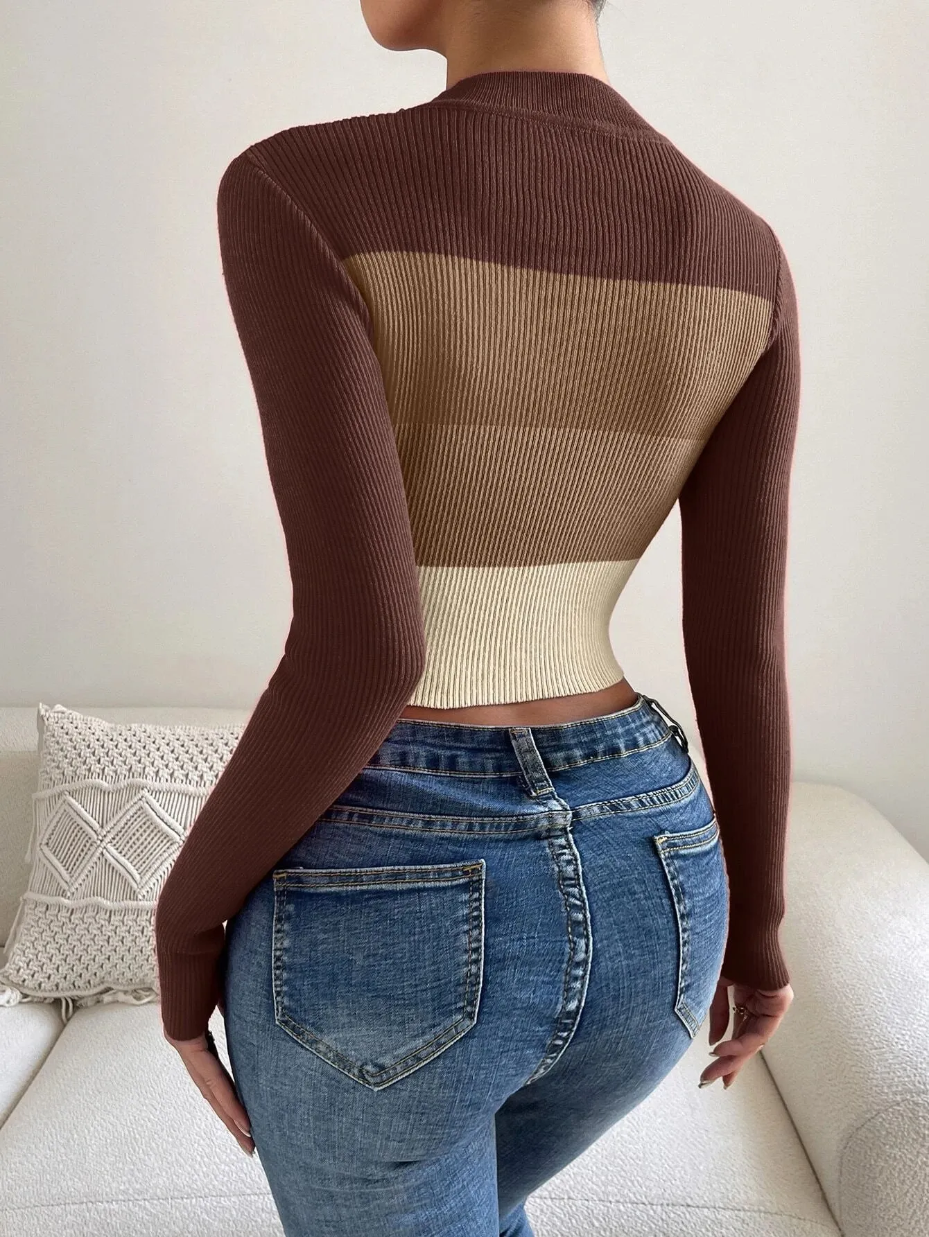 DHgate.com:Spring Colorblock Ribbed Turtleneck Pullover Sweater for ...
