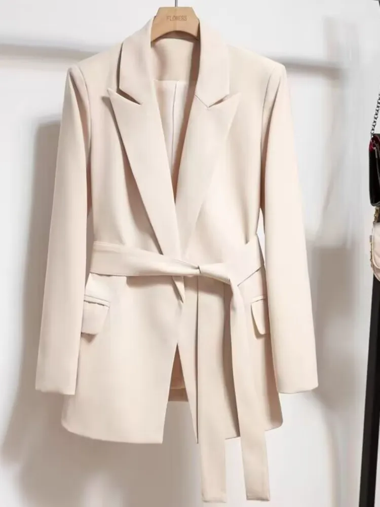 Women's Slim Fit Suit Coat: Beige Tie Up Jacket for Office Lady. Women's Slim Fit Suit Coat: Beige Tie Up Jacket for Office Lady.