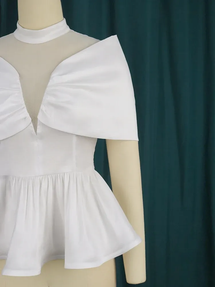 Elegant White Blouse: Sexy White Tops with Patchwork Mesh