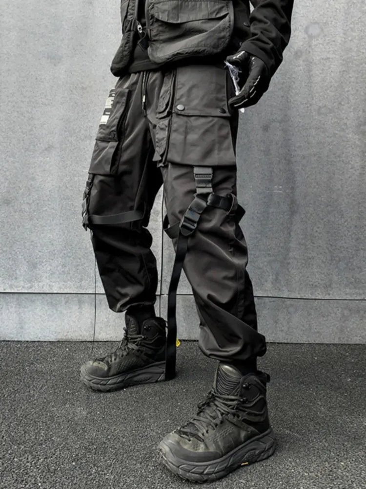 PFNW Techwear Cargo Pants: Dark Style Patchwork Webbing, Autumn Streetwear