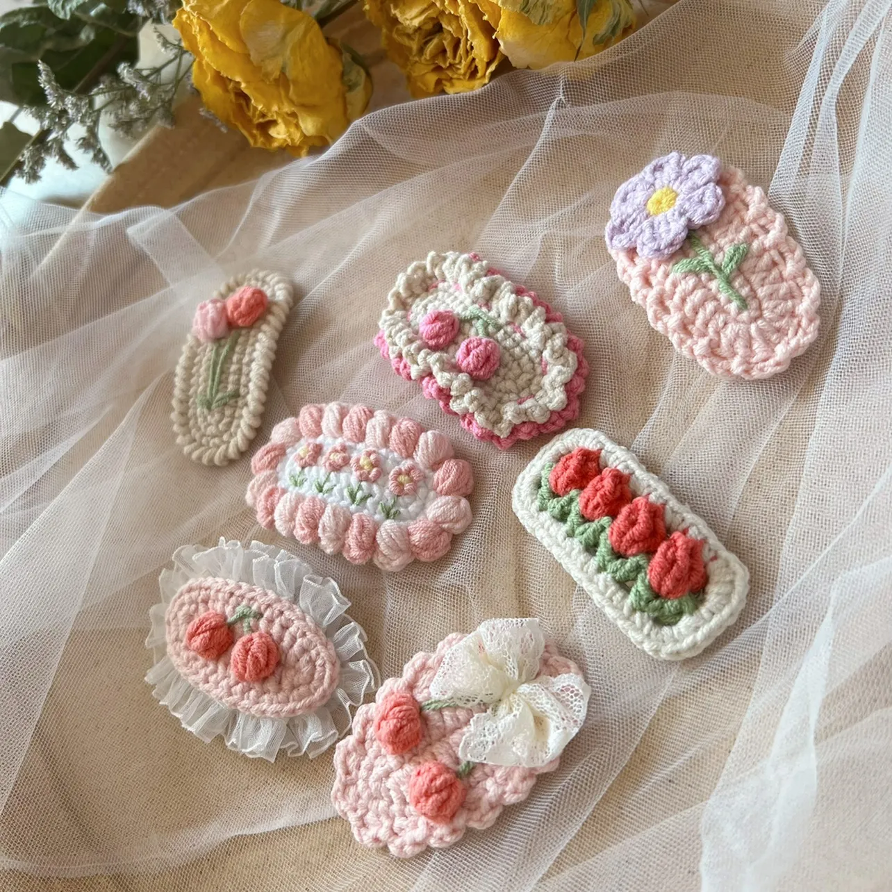 Pink Barrette Crochet Handmade Wool Embroidery Flower Hairpin Side