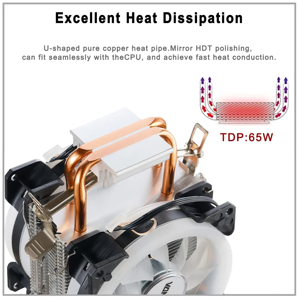 CPU Cooler with 2 Heatpipes and 90mm RGB Fan for Intel LGA 1366/1700 ...