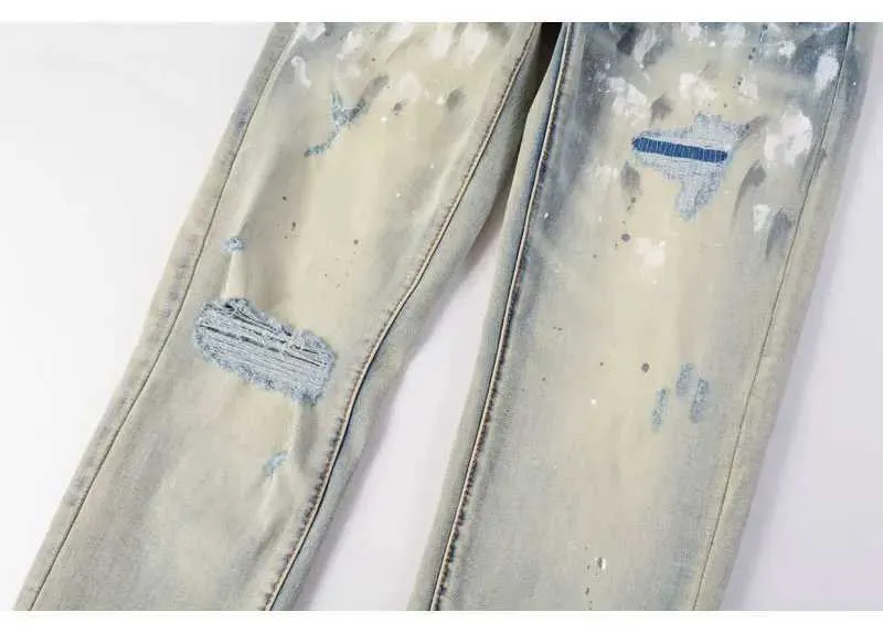 Mens Vintage Split Painted Jeans Blue And Yellow Designer Fit_voghion.com