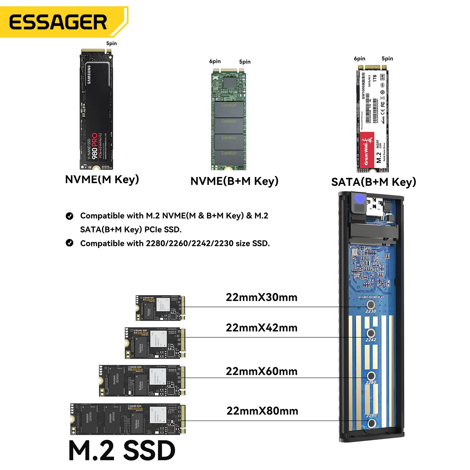 Essager External Hard Box Drive Portable M.2 SATA NVMe SSD Case USB 3.2 Type C Hard Disk Box 10GbPS High-Speed Storage Enclosure