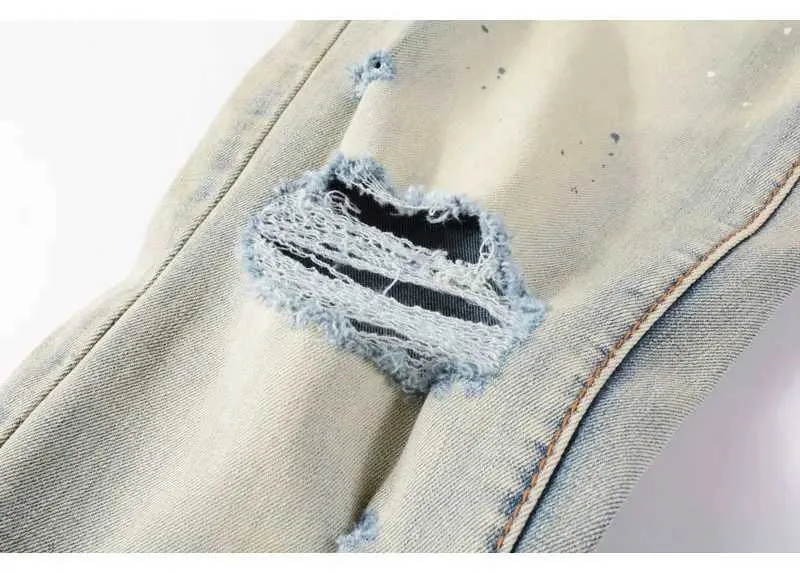 Mens Vintage Split Painted Jeans Blue And Yellow Designer Fit_voghion.com