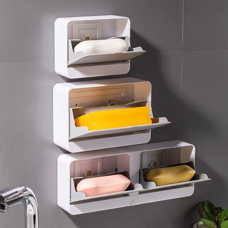 Creative Wall Mounted Soap Box with Lid Double Grids Soap Draining Rack ...