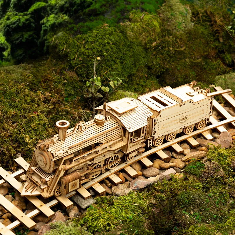 Robotime Rokr Wooden Mechanical Train 3D Puzzle Locomotive Model ...