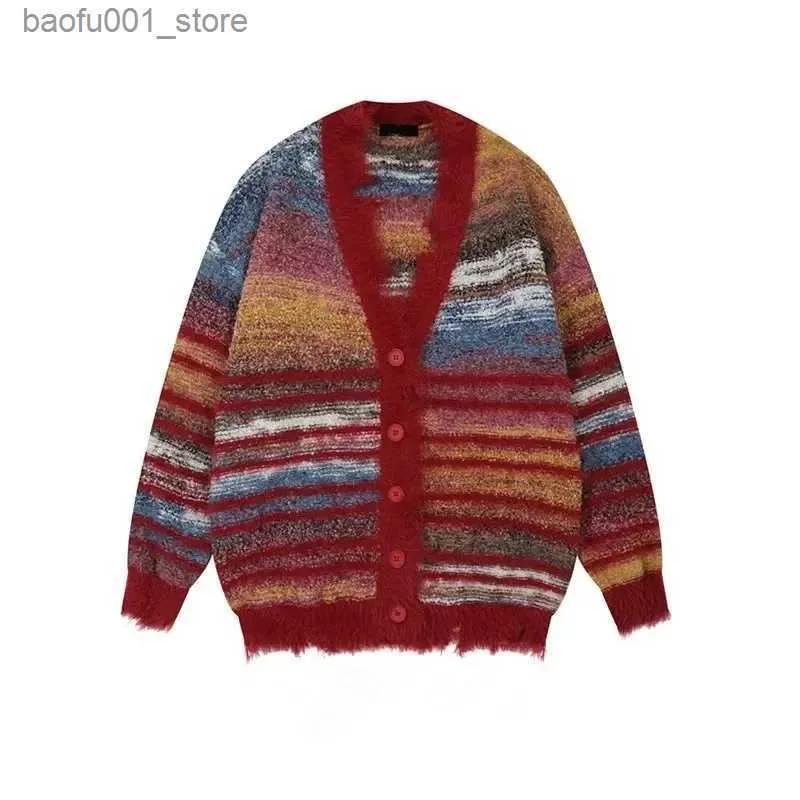 Mens Cardigan Striped Multicolor Gradient Stripe Colorblock