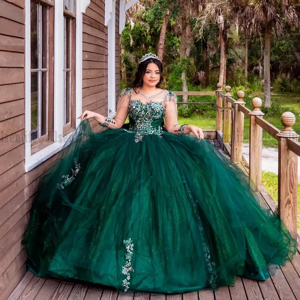 Long Sleeve Green quinceanera dress with Beaded Applique - 2022 Sweet 16/Quince XV Prom Gown (Style 0515) Long Sleeve Green quinceanera dress with Beaded Applique - 2022 Sweet 16/Quince XV Prom Gown (Style 0515)