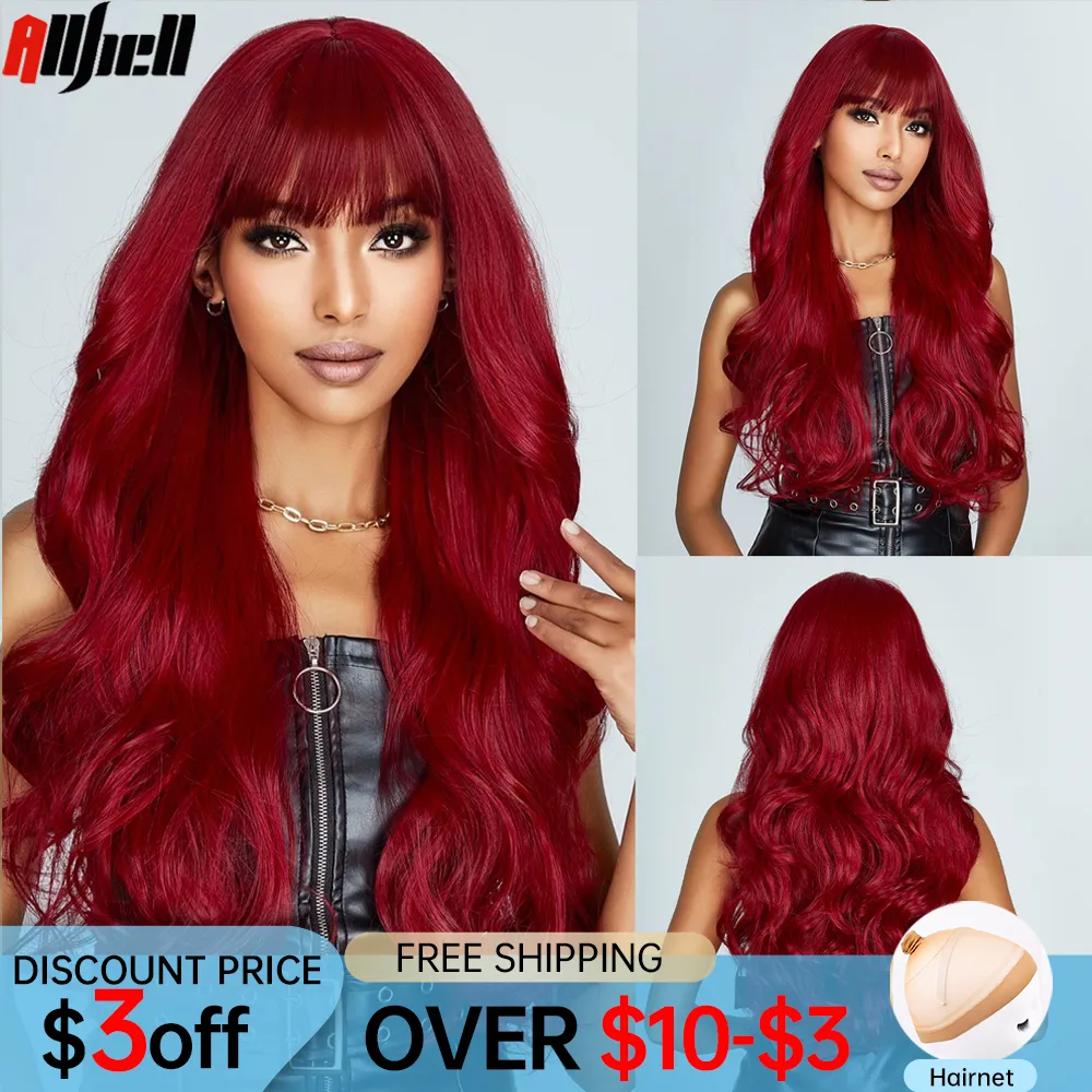 Long Wine Red Wig, Burgundy Synthetic Wig With Bangs,... From Ddmyday ...
