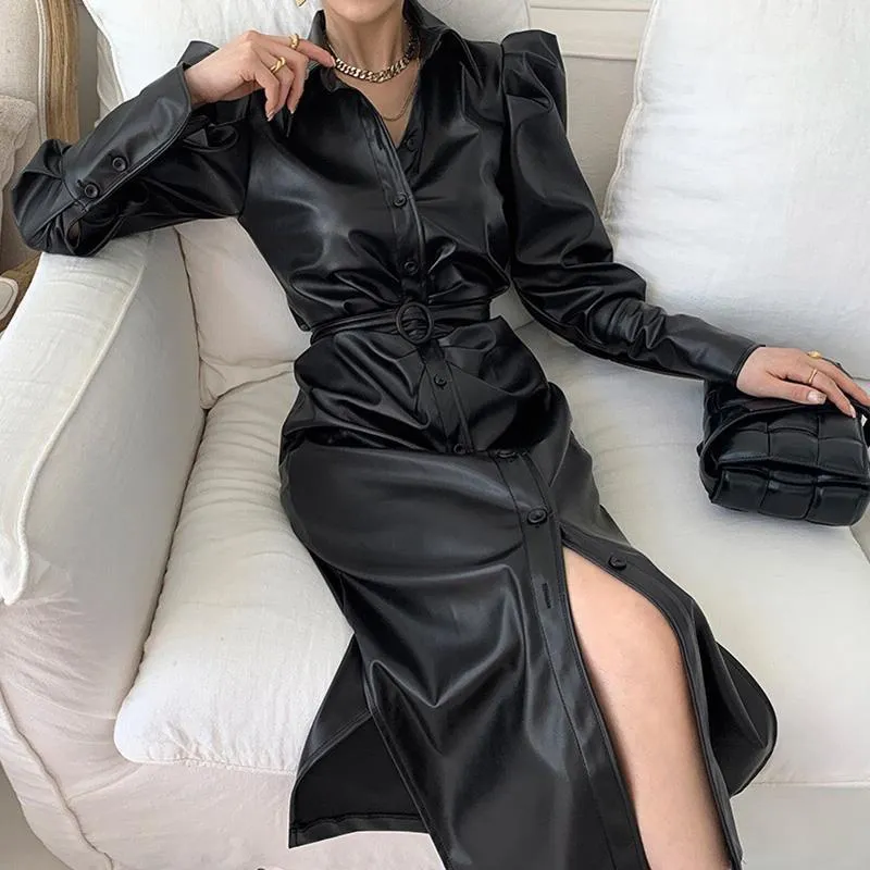 Women s PU Leather Motorcycle Dress with Belt High Waist Long Split and  Foam Sleeves from Dhgate Street Style Dresses - price 191.82