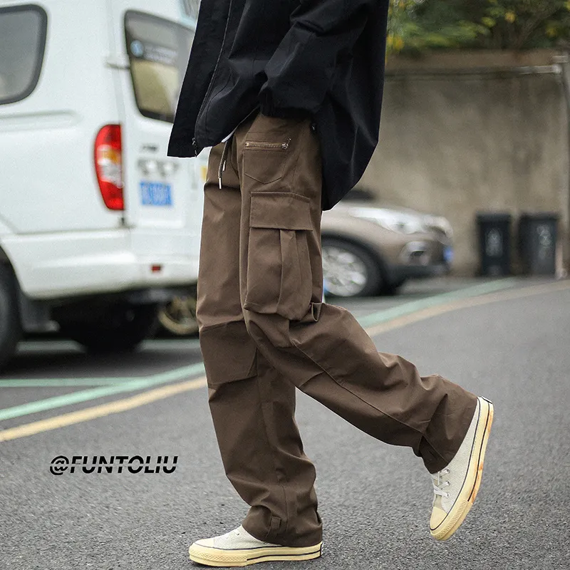 Japanese Men's Coffee Black Cargo Pants: Retro Pocket Casual Straight  Trousers for Streetwear
