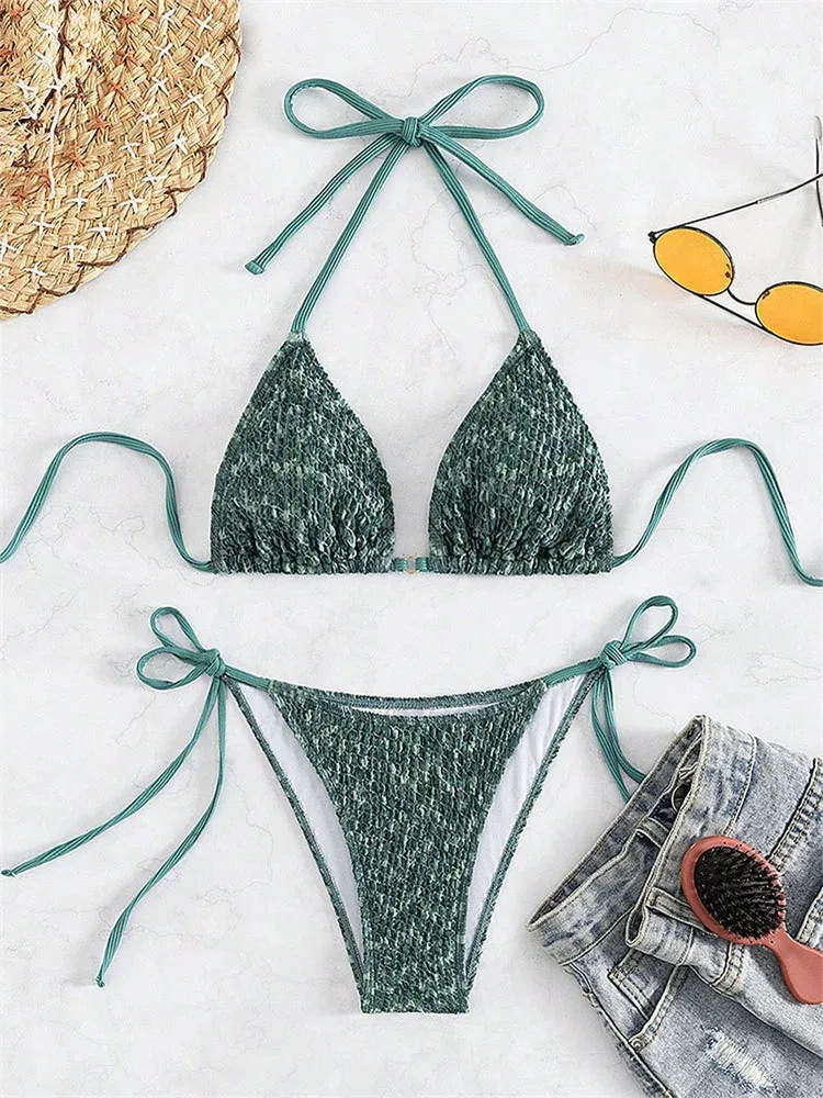 Sexy Green Two-Piece Bikini Set Women Halter Wire-Free Push-Up Thong  Swimwear from Dhgate Water shoes - price 13.51