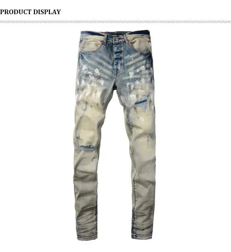 Mens Vintage Split Painted Jeans Blue And Yellow Designer Fit_voghion.com