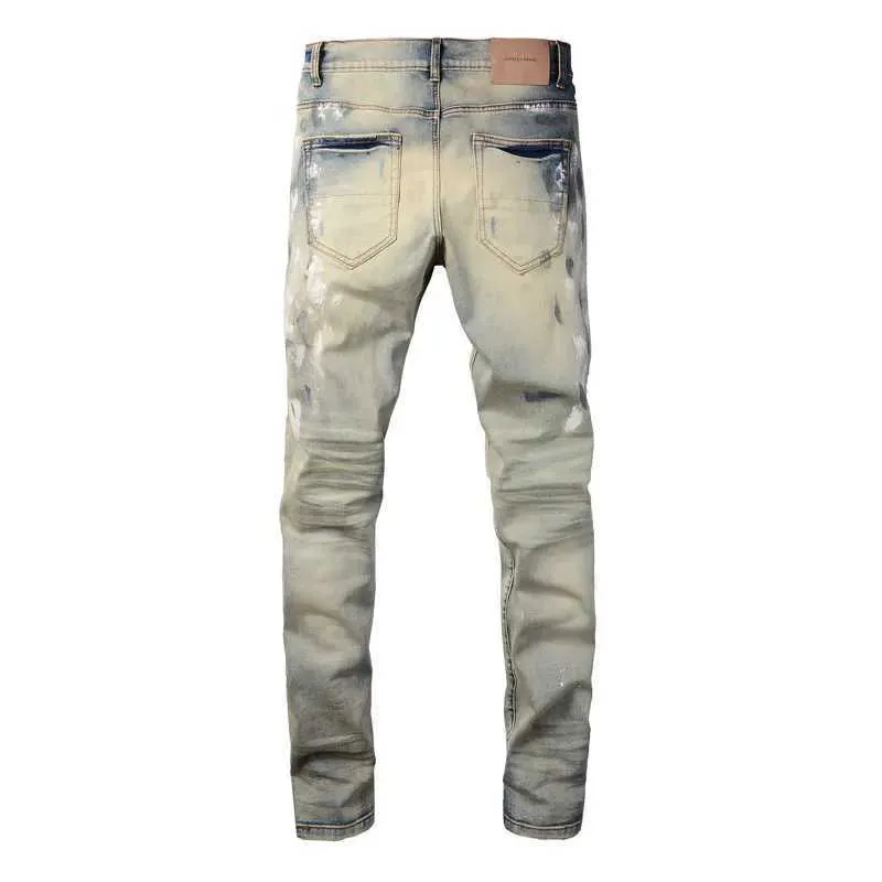 Mens Vintage Split Painted Jeans Blue And Yellow Designer Fit_voghion.com
