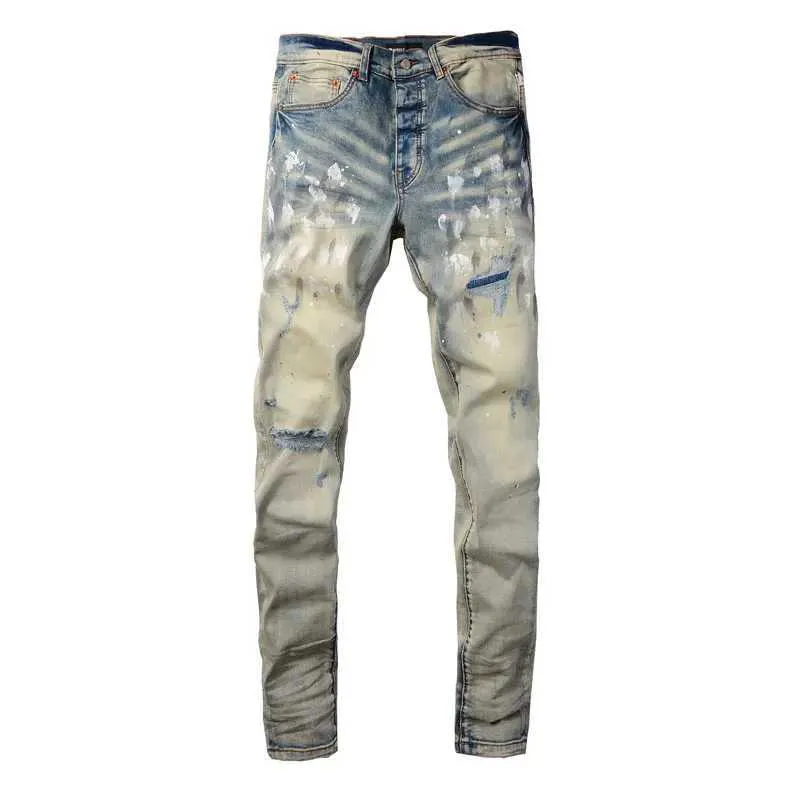 High Street Fashion Mens Yellow Blue Vintage Split Painted Jeans Designer Hip Hop Brand Tight Pants hombre_voghion.com