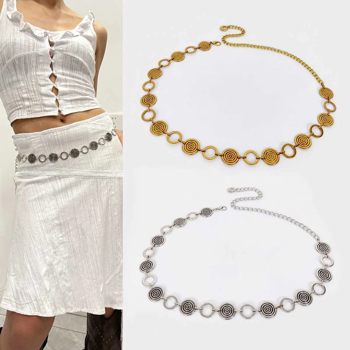 Woman’s Y2k bohemian statement piece silver & tan limited chain belt Y2k Chain Belt - Etsy main image 4