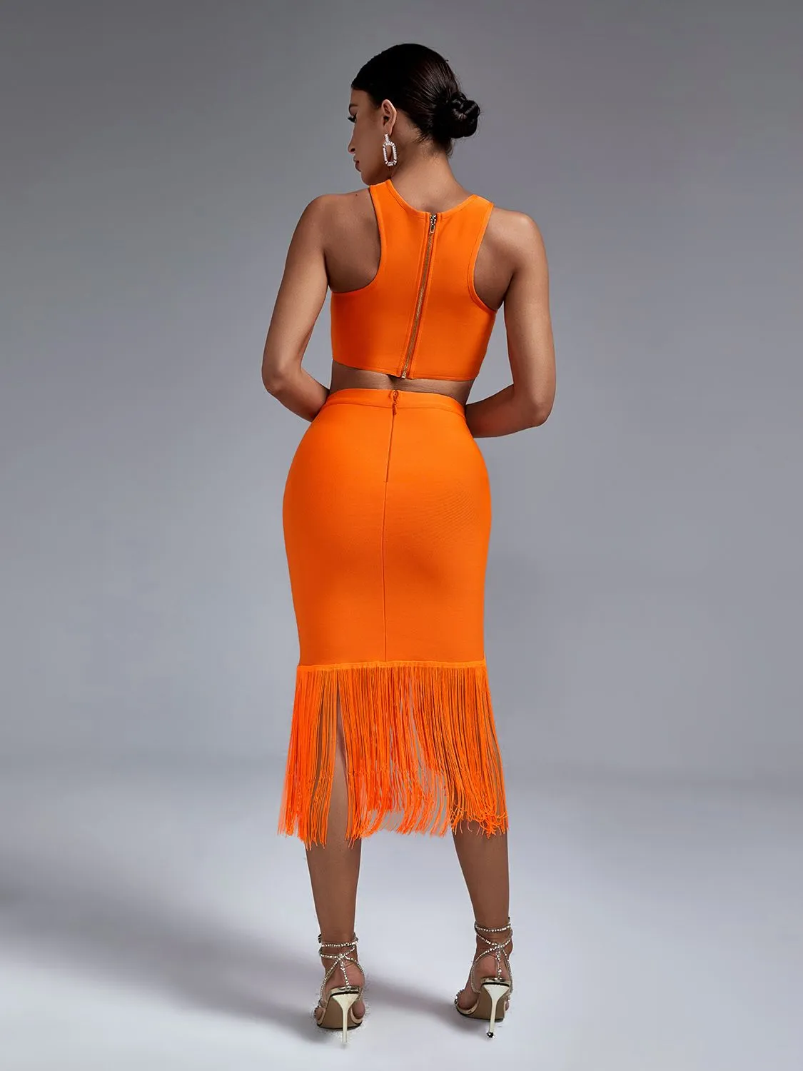 Orange Two Piece Fringe Set Sexy Bandage Crop Top and Skirt Set for Club Party