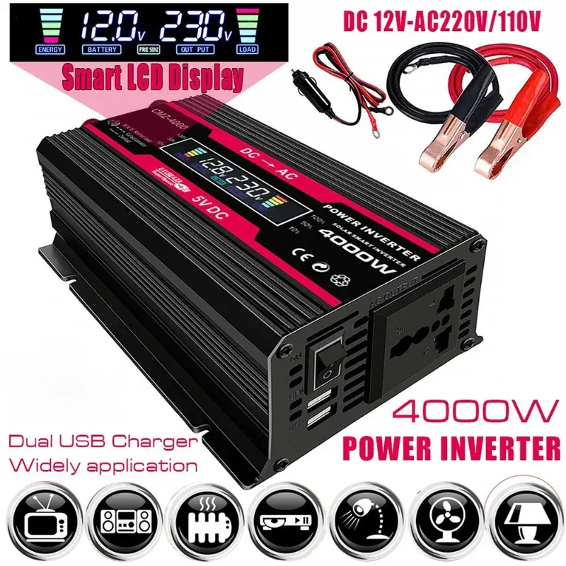 Solar Power Inverters 4000W Modified Sine Wave USB Car Inverter DC 12V ...