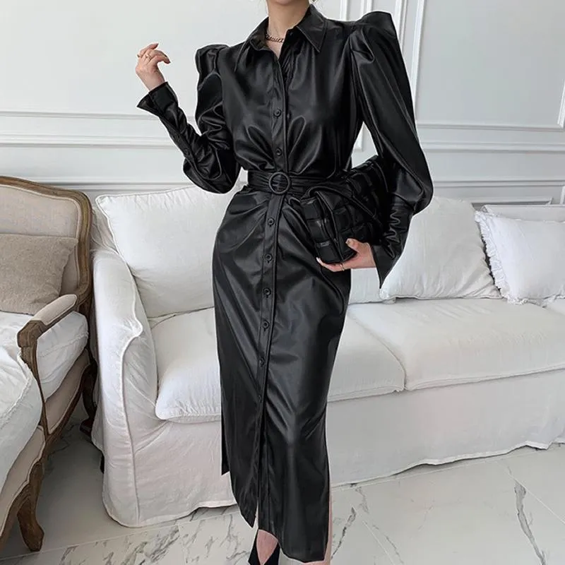 Women s PU Leather Motorcycle Dress with Belt High Waist Long Split and  Foam Sleeves from Dhgate Street Style Dresses - price 191.82