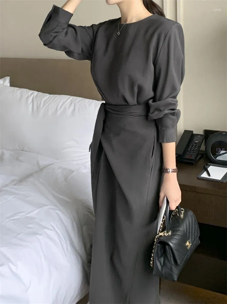 mid calf winter dresses OKBOP Womens Modest Winter Dresses-Polo Fashion Casual Solid Round-Neck High Waist Long Sleeve Mid Calf Dress Sundress Summer