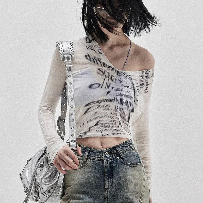 Karrcat Cyber Grunge Crop Top V-Neck Full Sleeve Distressed Letter