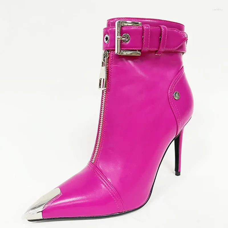 Trending Metal Pointed Toe Stiletto Pointed Toe Boots With Leather Buckles For Women Ankle Front Zipper Closure Short Summer Booties From Caodou 65.57 DHgate.Com