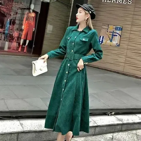 DHgate Retro Corduroy Maxi Dress Elegant Formal Vintage Style for Women Apparel