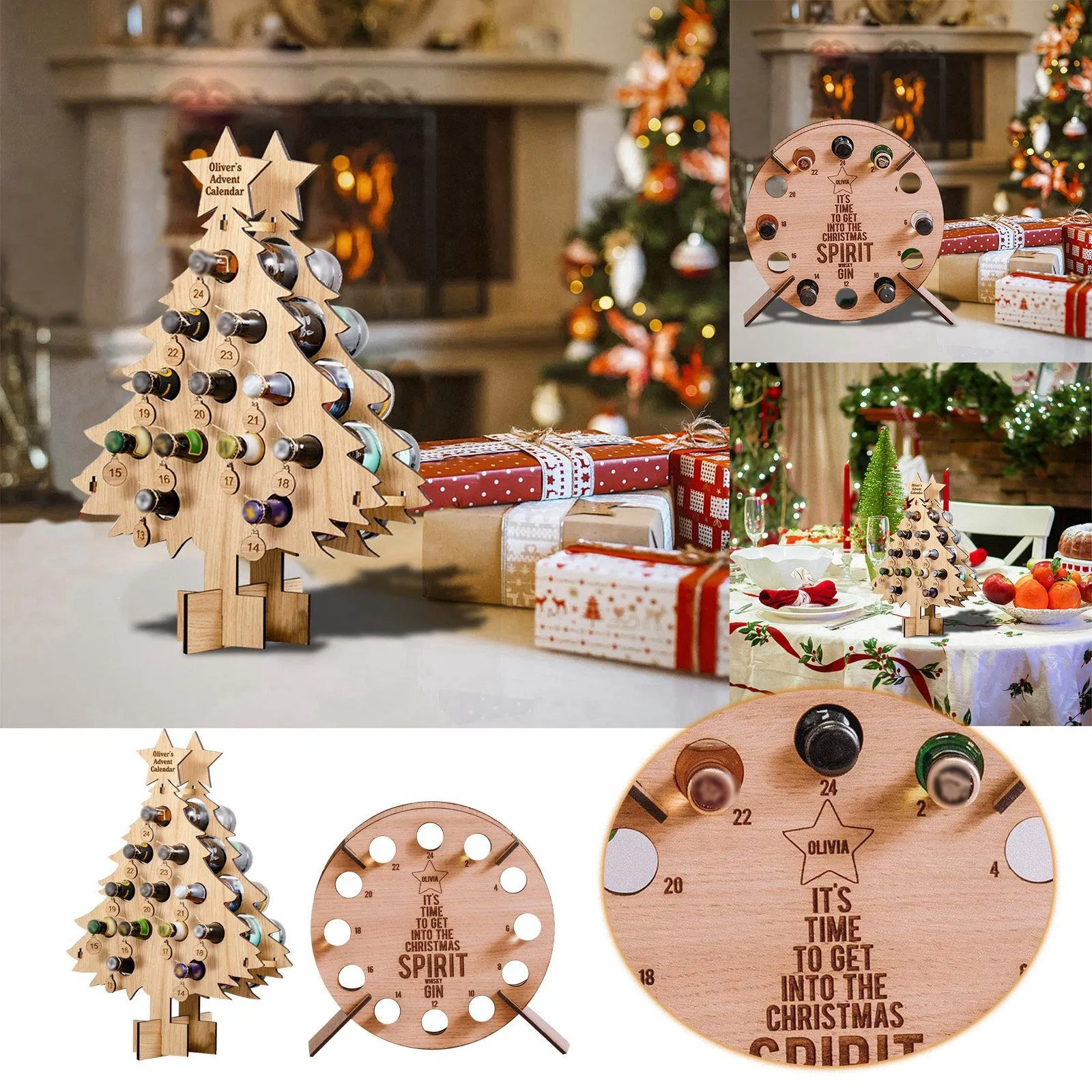 Christmas Wooden Stand Mini Christmas Tree Advent Calendar Wine Storage ...
