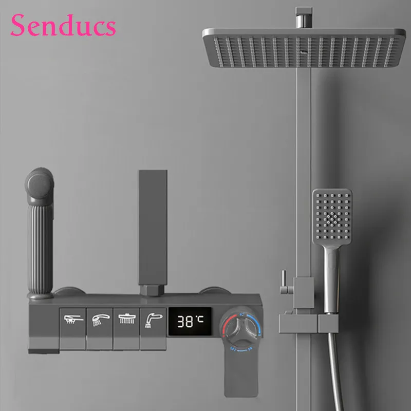 Modern Gray Digital Bathroom Shower Set - Rainfall Shower System with ...