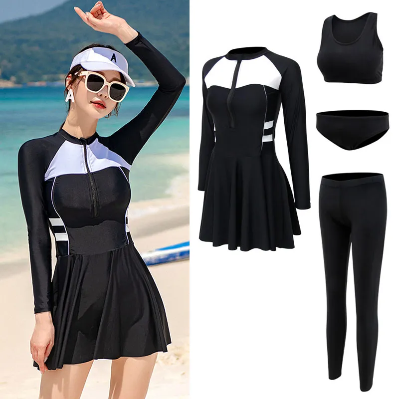 Women Zip Rash Guard Long Sleeve Swimdress Bikini Leggings