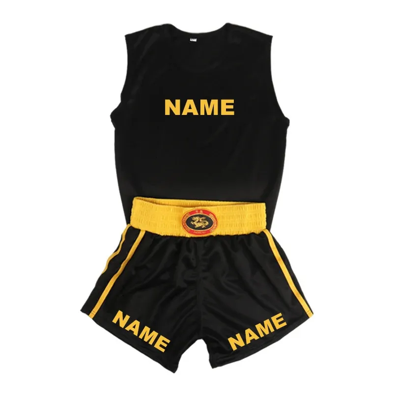 CHICTRY Wushu Kinderkleding Jongens Meisjes Boksen Set Boksshorts Muay Thai Robe Bokshandschoenen Martial Training Sportkleding, blauw en goud A, 110-116